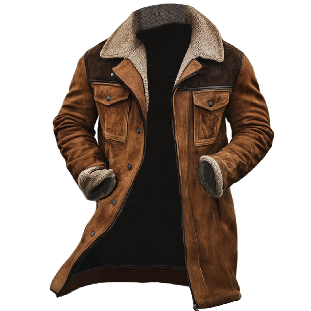 Vintage leren buitenjack voor mannen met patchwork en meerdere zakken, met omgeslagen kraag