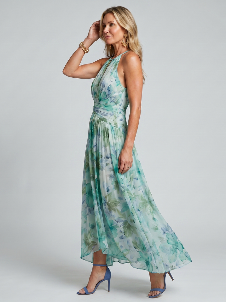 Portia | Geplooide Halter Zachte Bloemenpatroon Midi Jurk