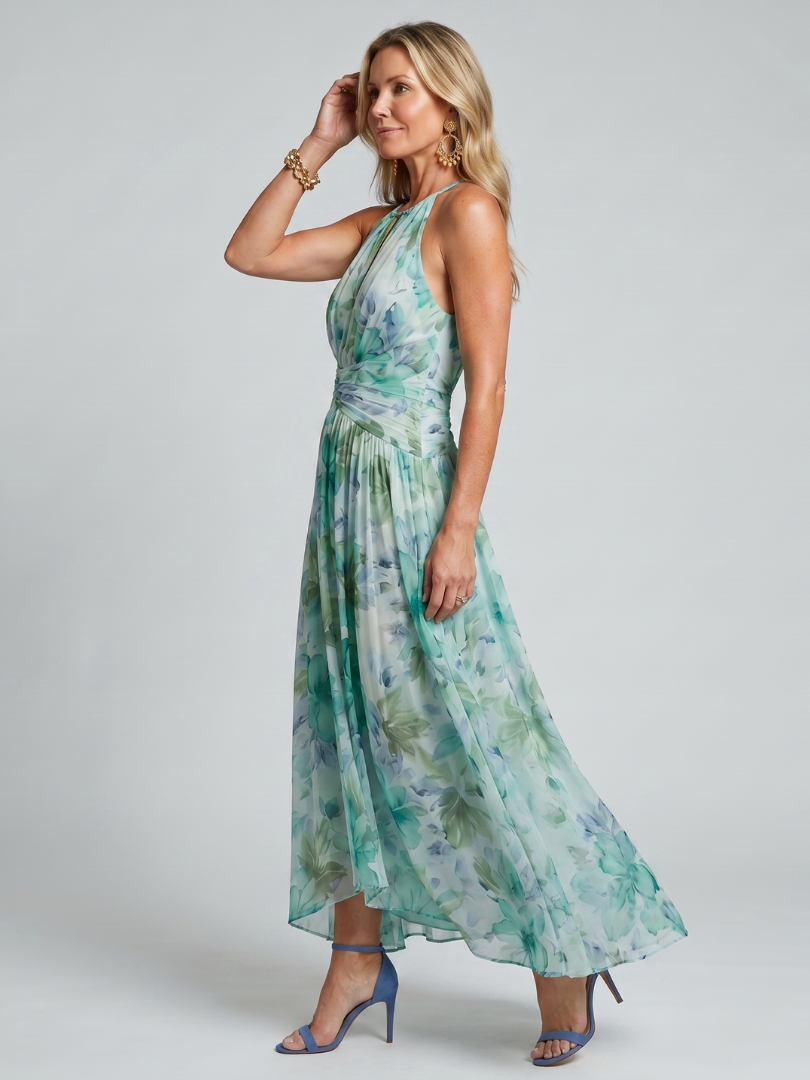 Portia | Geplooide Halter Midi-jurk met Zacht Bloemenpatroon