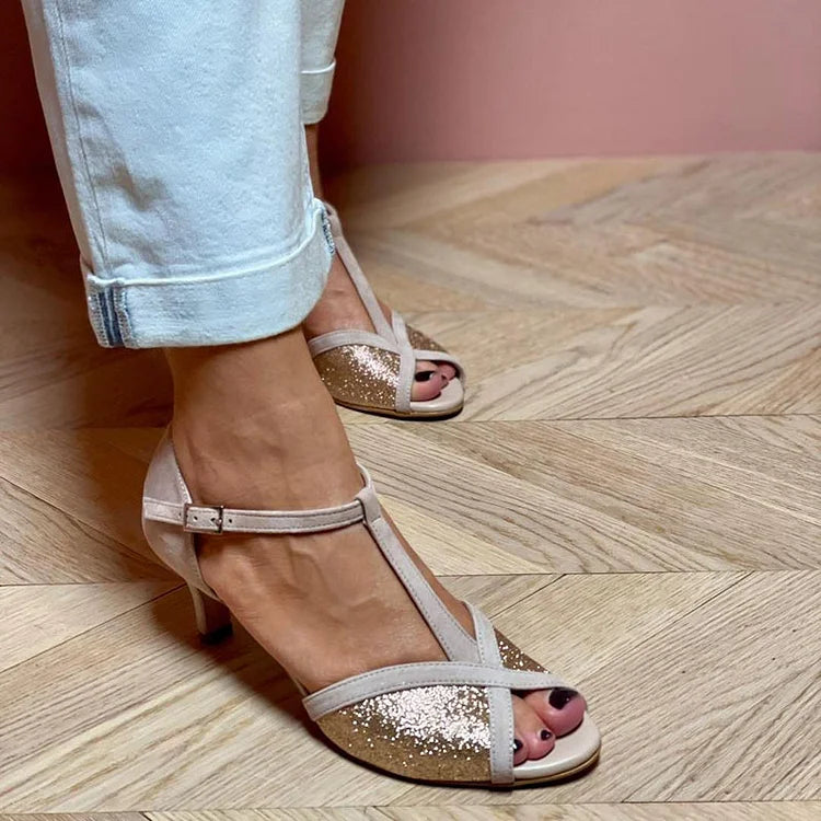 GLITTER SANDALEN MET LAGE HAK