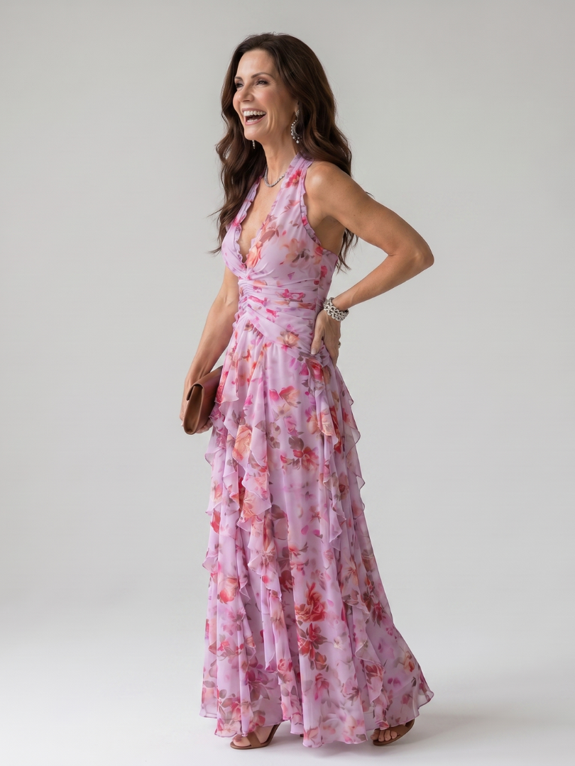 Nori | Halter Nek Rimpel Lijfje Bloemen Maxi Jurk