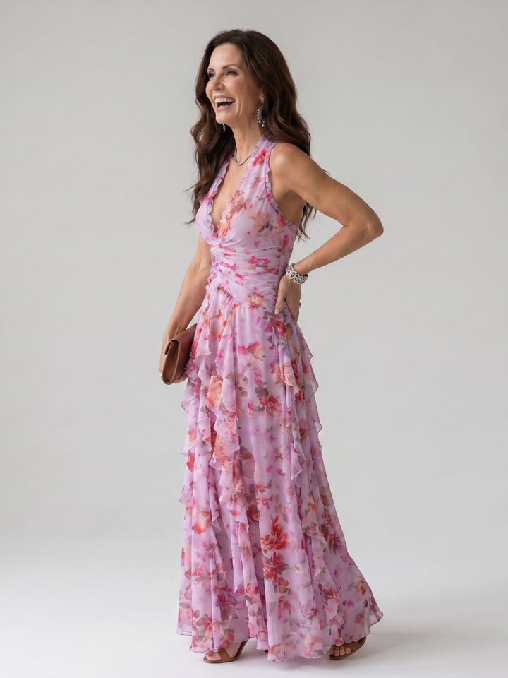 Nori | Halter Nek Rimpel Lijfje Bloemen Maxi Jurk
