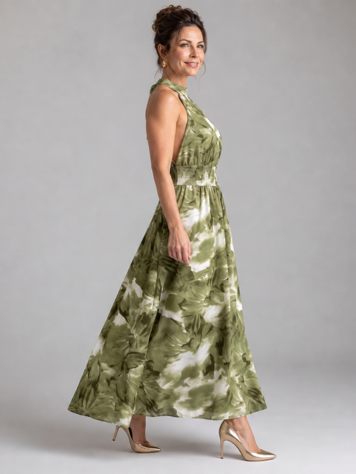 Olivia | Geplooide Taille Abstract Print Midi Jurk