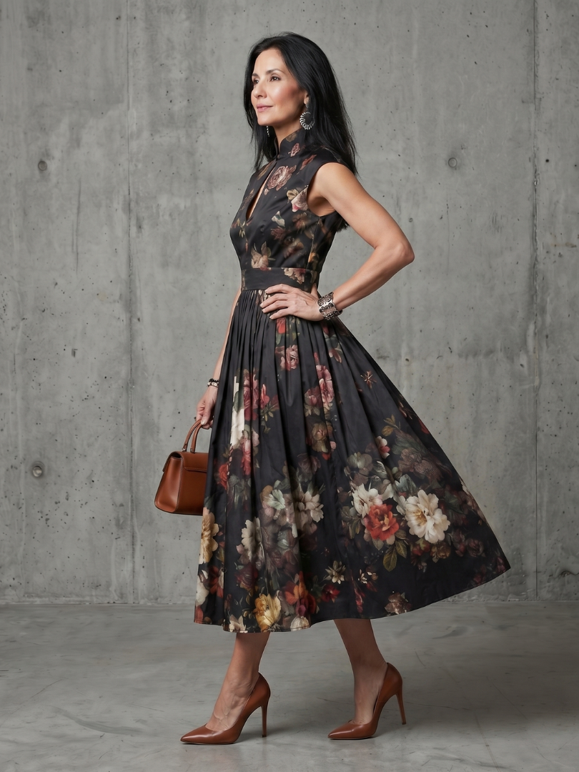 Greta | Hoge Hals Sleutelgat Bloemen Plissé Midi Jurk