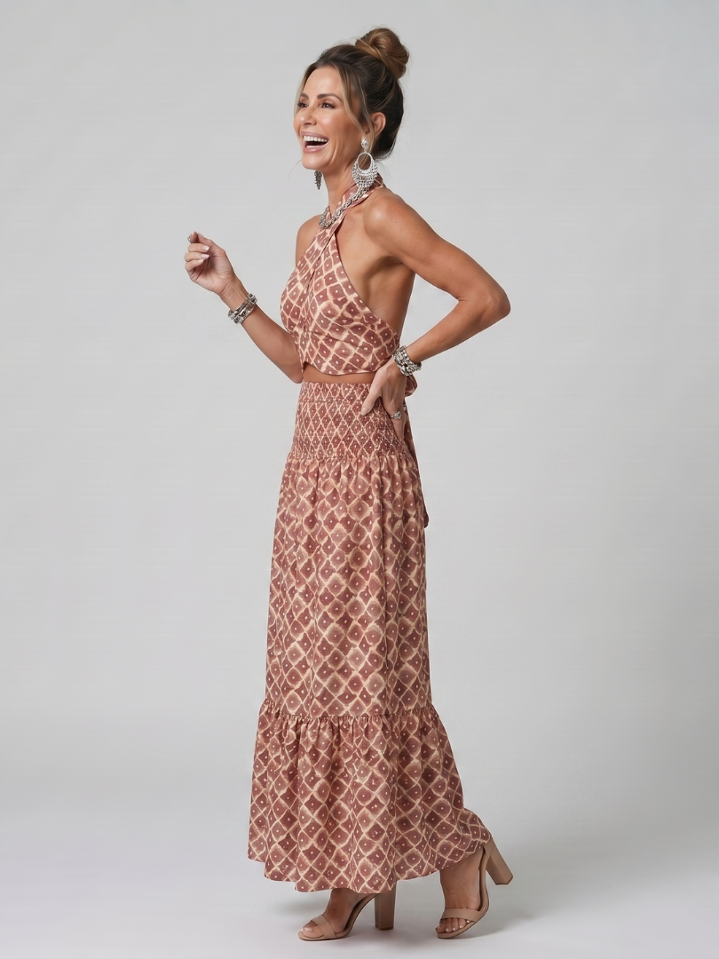 Amira | Cross Halter Geometrische Print Cutout Midi Jurk