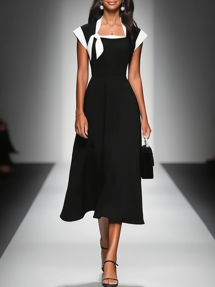 Ariane | Midi Jurk voor Vrouwen met Vierkante Hals en Colorblock Mouwen
