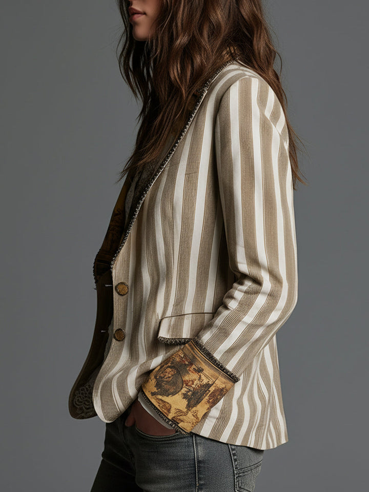 Suzanne | Boheemse Gestreepte Blazer met Gedrukt Kraag