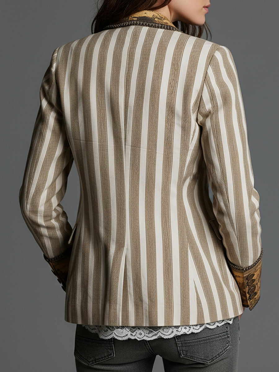 Suzanne | Boheemse Gestreepte Blazer met Gedrukt Kraag