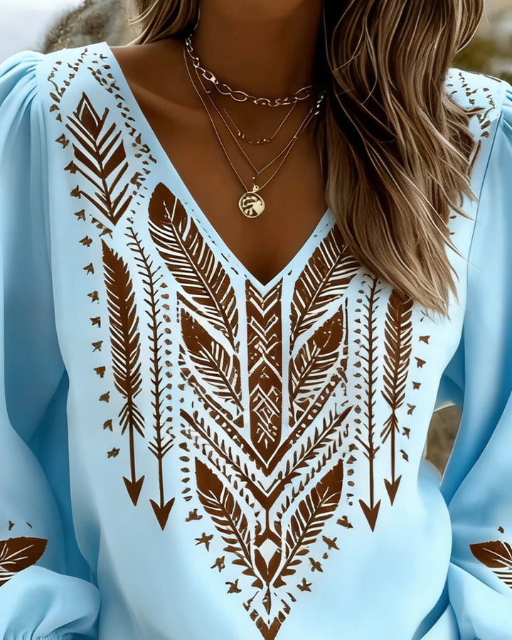 Blouse met Volumineuze Mouwen en Brede V-Hals