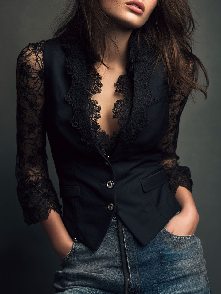 Noémie | Hoge Zwarte Blazer met Semi-Transparante Mouwen