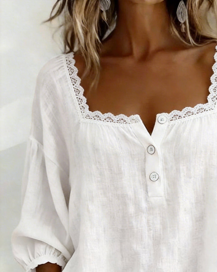 Blouse van Kant met Vierkante Hals en Puffmouwen