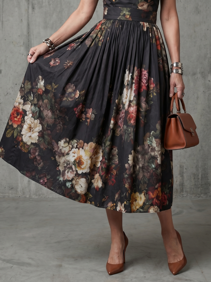 Greta | Hoge Hals Sleutelgat Bloemen Plissé Midi Jurk