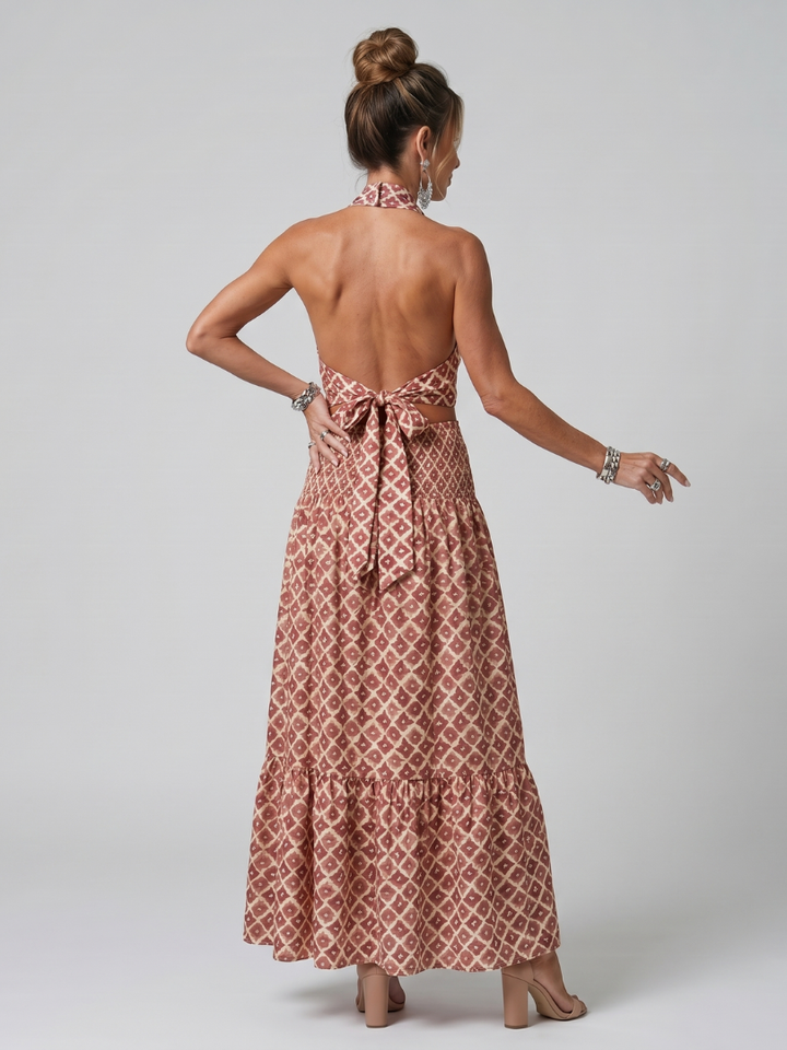Amira | Cross Halter Geometrische Print Cutout Midi Jurk