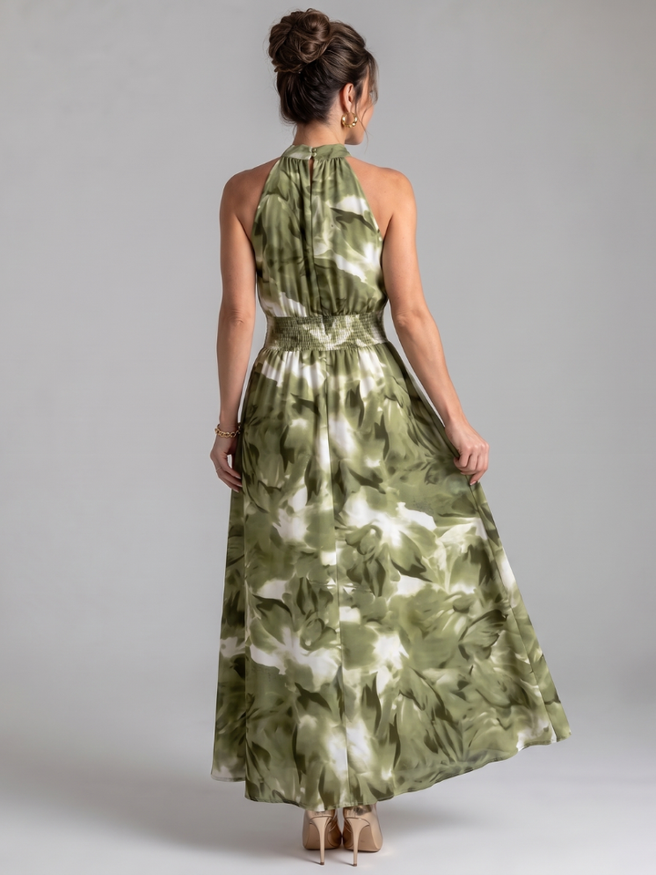 Olivia | Geplooide Taille Abstract Print Midi Jurk
