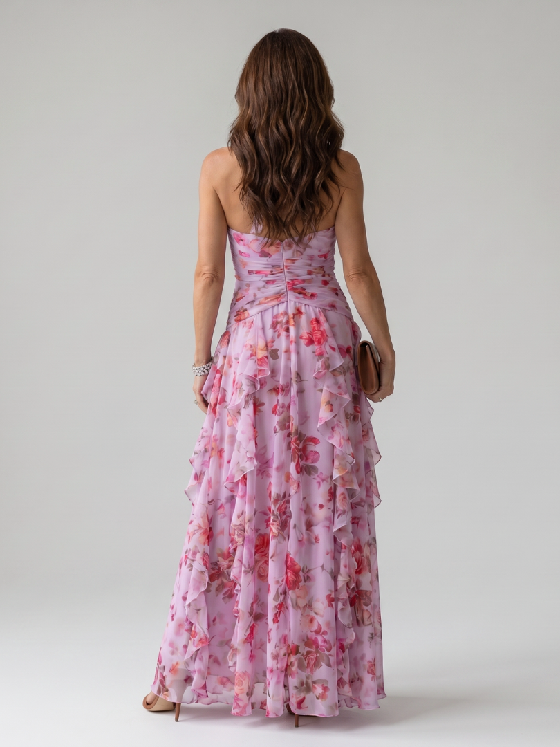 Nori | Halter Nek Rimpel Lijfje Bloemen Maxi Jurk