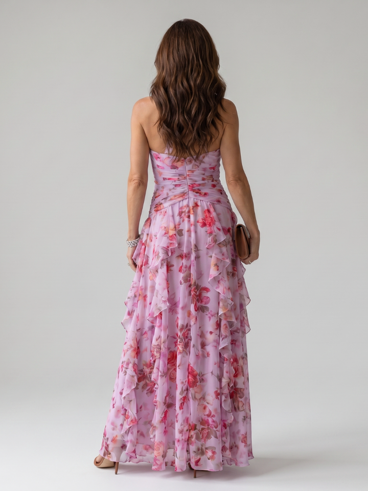 Nori | Halter Nek Rimpel Lijfje Bloemen Maxi Jurk