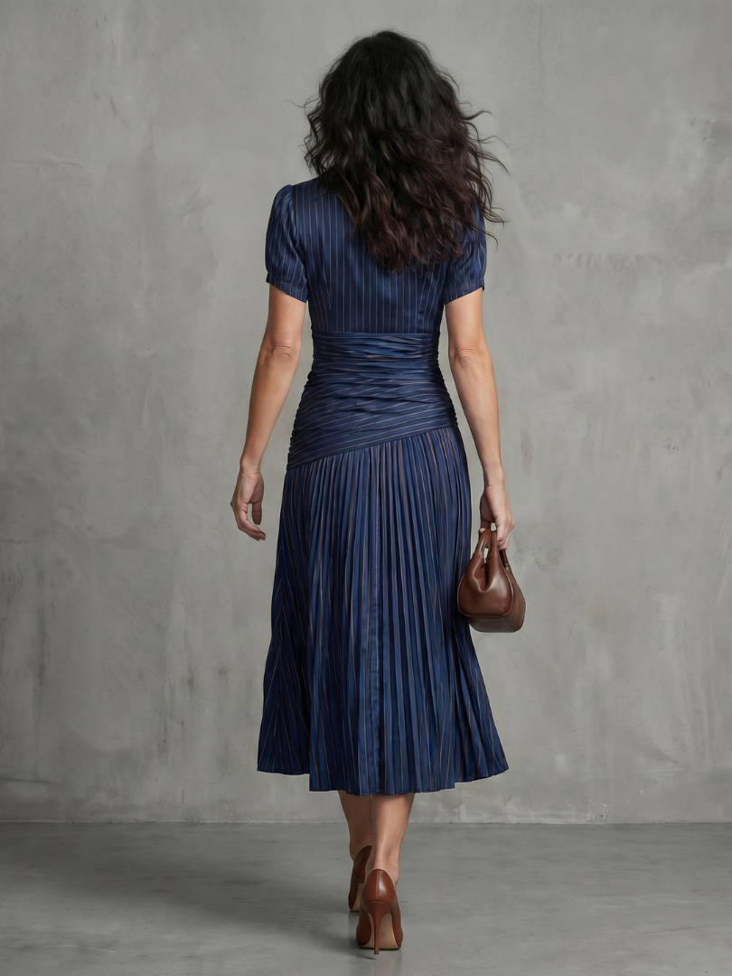 Theodora | Plissé Taille Stripe Midi Jurk