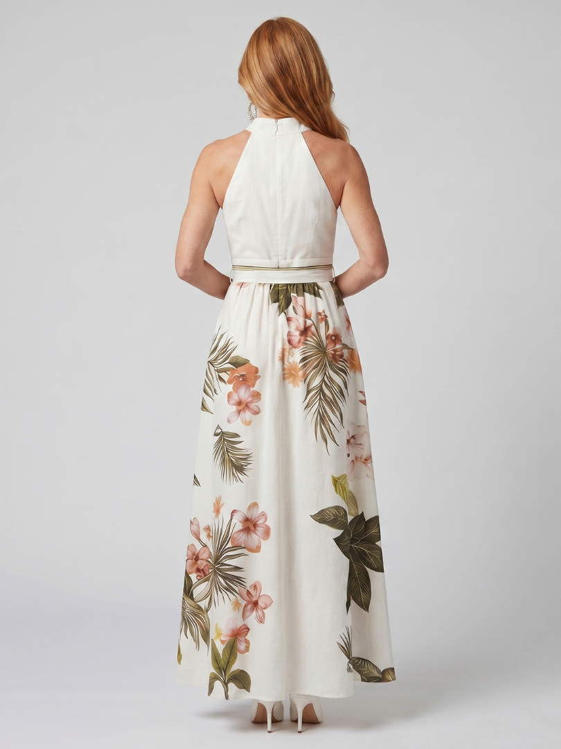 Meadow | Gedrapeerde Halter Botanische Paneel Maxi Jurk