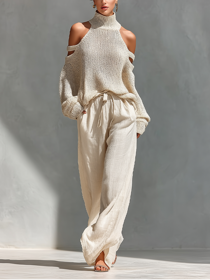 Beige Trui met Col en Ontblote Schouders voor Dames & Wijde Broeken