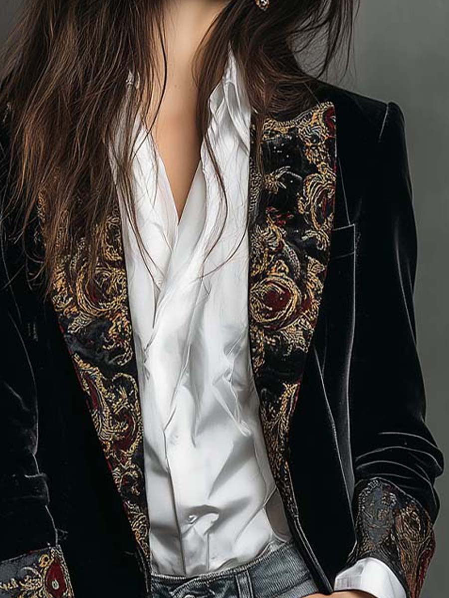 Léontine | Slim Fit Geprinte Barok Zwarte Blazer