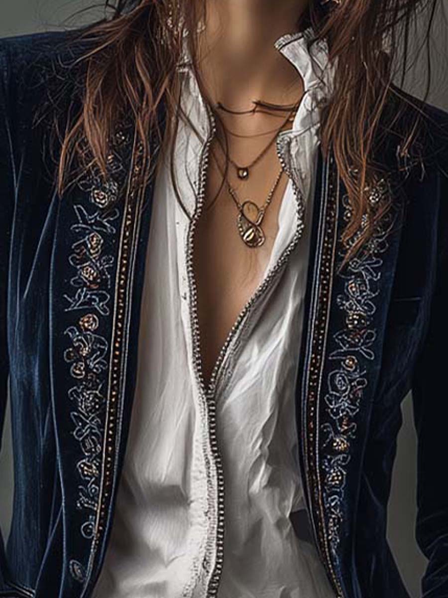 Athénaïs | Lange Geborduurde Vintage Jas Marineblauw