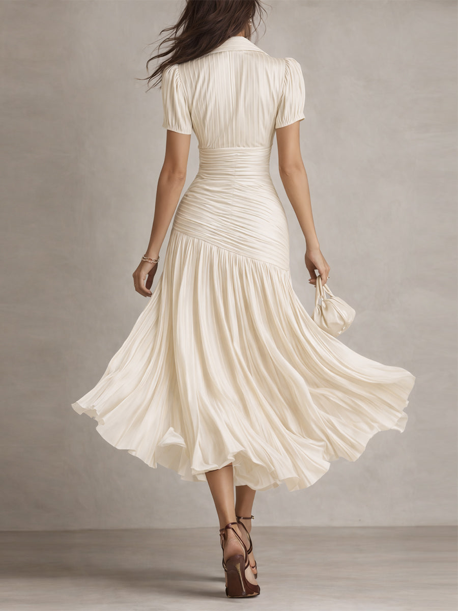 Adriana - Midi-jurk in retro gestreepte satijn
