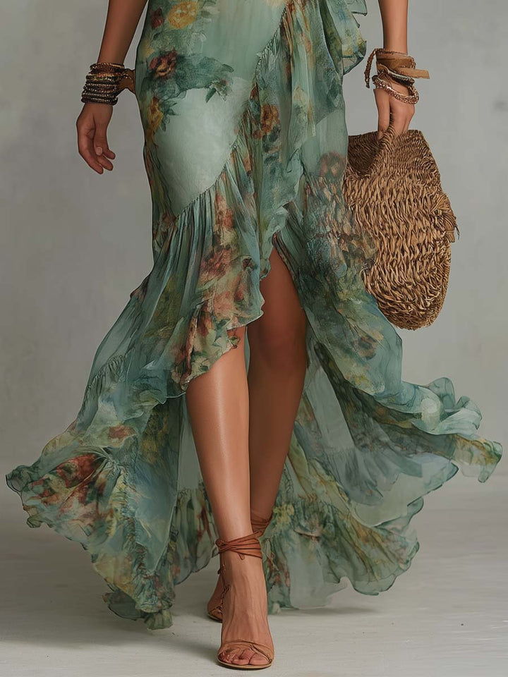 Aurora - lange bloemen boho jurk met romantische asymmetrische zoom