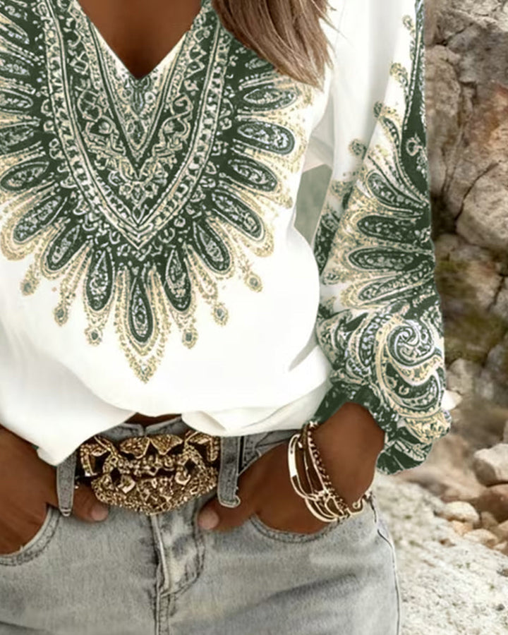 Top Met V-Hals en Retro Print