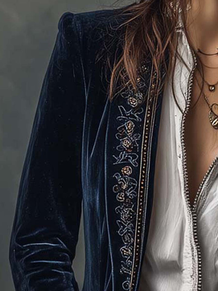 Athénaïs | Lange Geborduurde Vintage Jas Marineblauw
