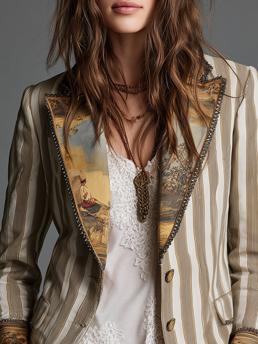 Suzanne | Boheemse Gestreepte Blazer met Gedrukt Kraag
