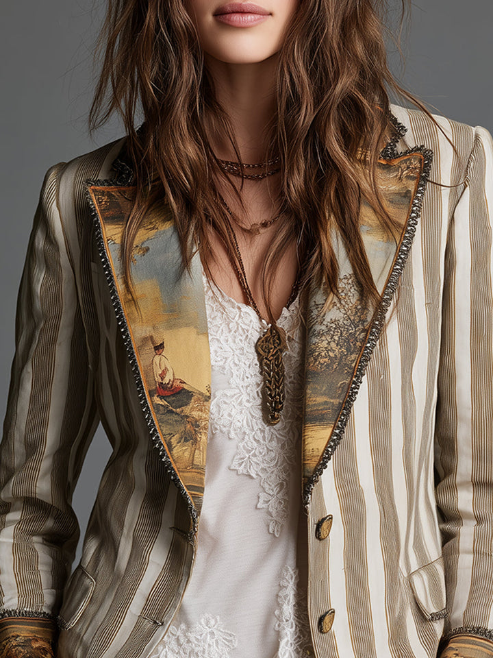 Suzanne | Boheemse Gestreepte Blazer met Gedrukt Kraag