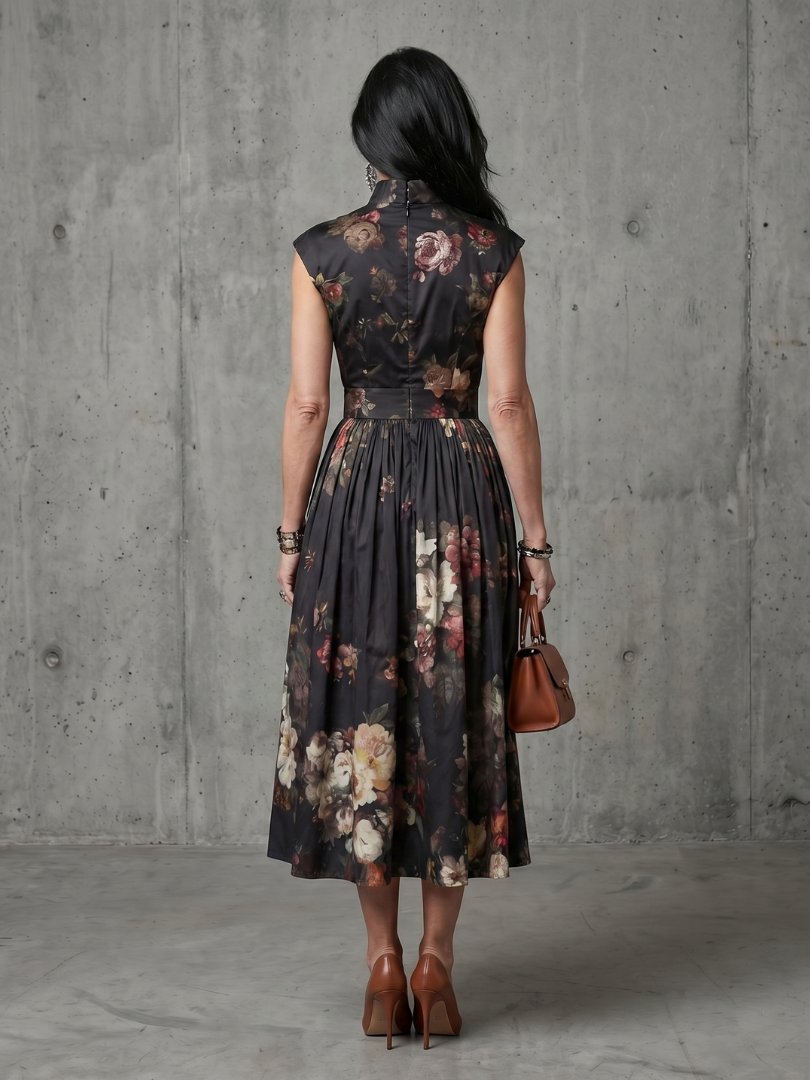 Greta | Hoge Hals Sleutelgat Bloemen Plissé Midi Jurk