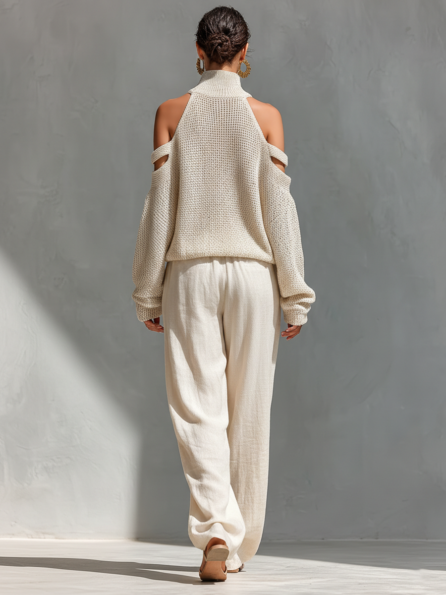 Beige Trui met Col en Ontblote Schouders voor Dames & Wijde Broeken