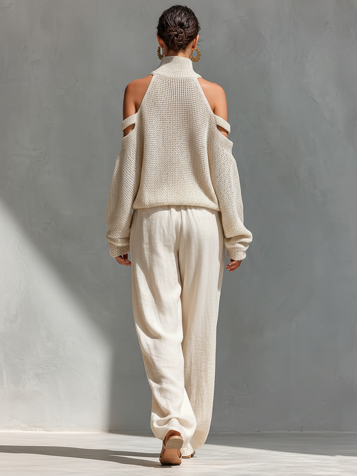 Beige Trui met Col en Ontblote Schouders voor Dames & Wijde Broeken