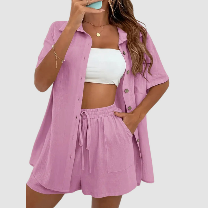 Frances™ Elegante Zomer Twee-delige Set | Korte Mouwen Knop-up Top en Drawstring Shorts