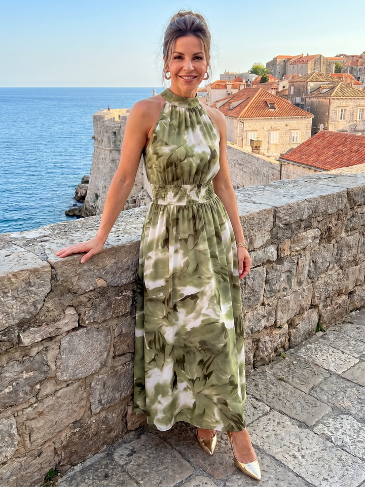 Olivia | Geplooide Taille Abstract Print Midi Jurk