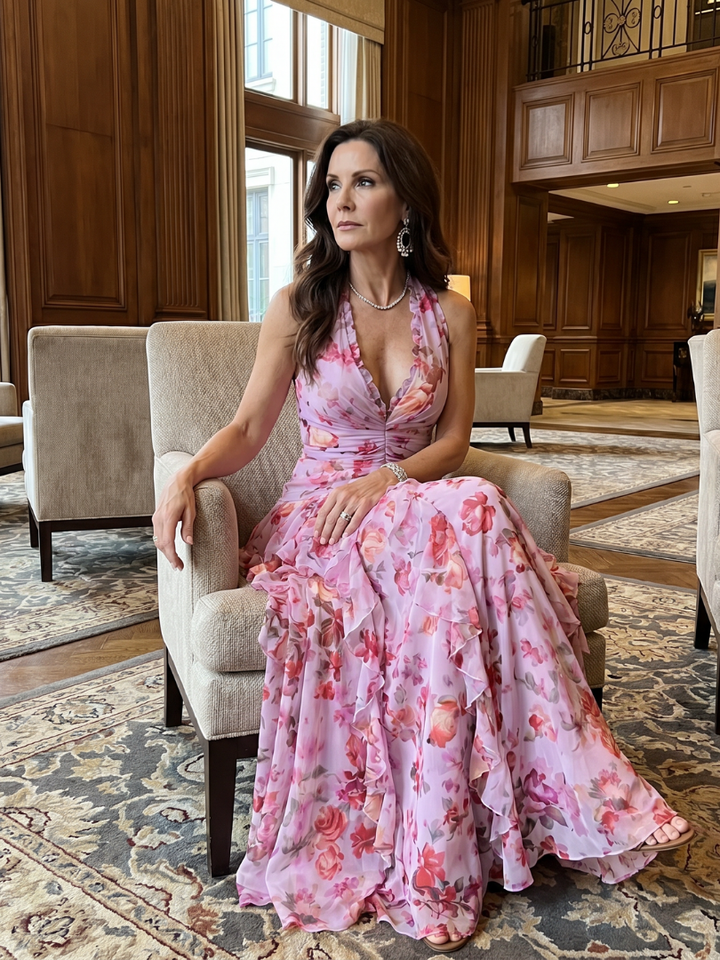 Nori | Halter Nek Rimpel Lijfje Bloemen Maxi Jurk
