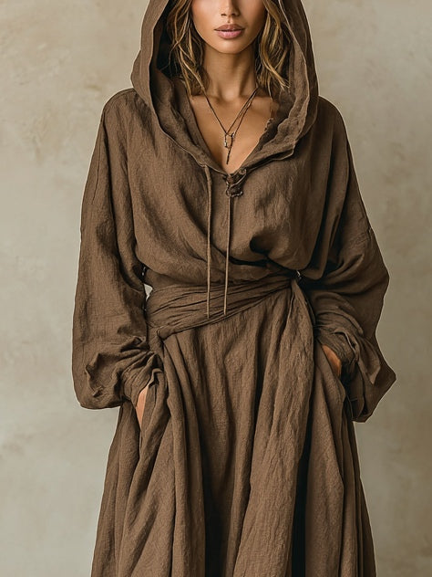 Bruine faux katoen linnen capuchon losse maxi jurk