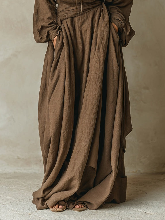 Bruine faux katoen linnen capuchon losse maxi jurk