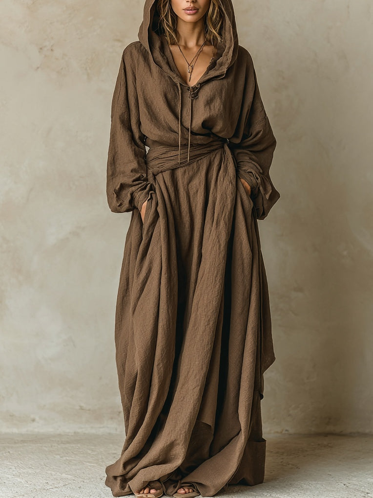 Bruine faux katoen linnen capuchon losse maxi jurk