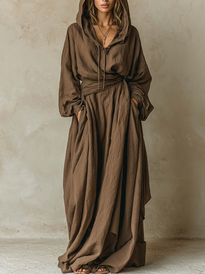 Bruine faux katoen linnen capuchon losse maxi jurk