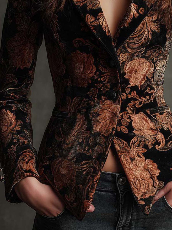 Bertille | Blazer Tailleur Met Bloemenprint in Zwart en Brons