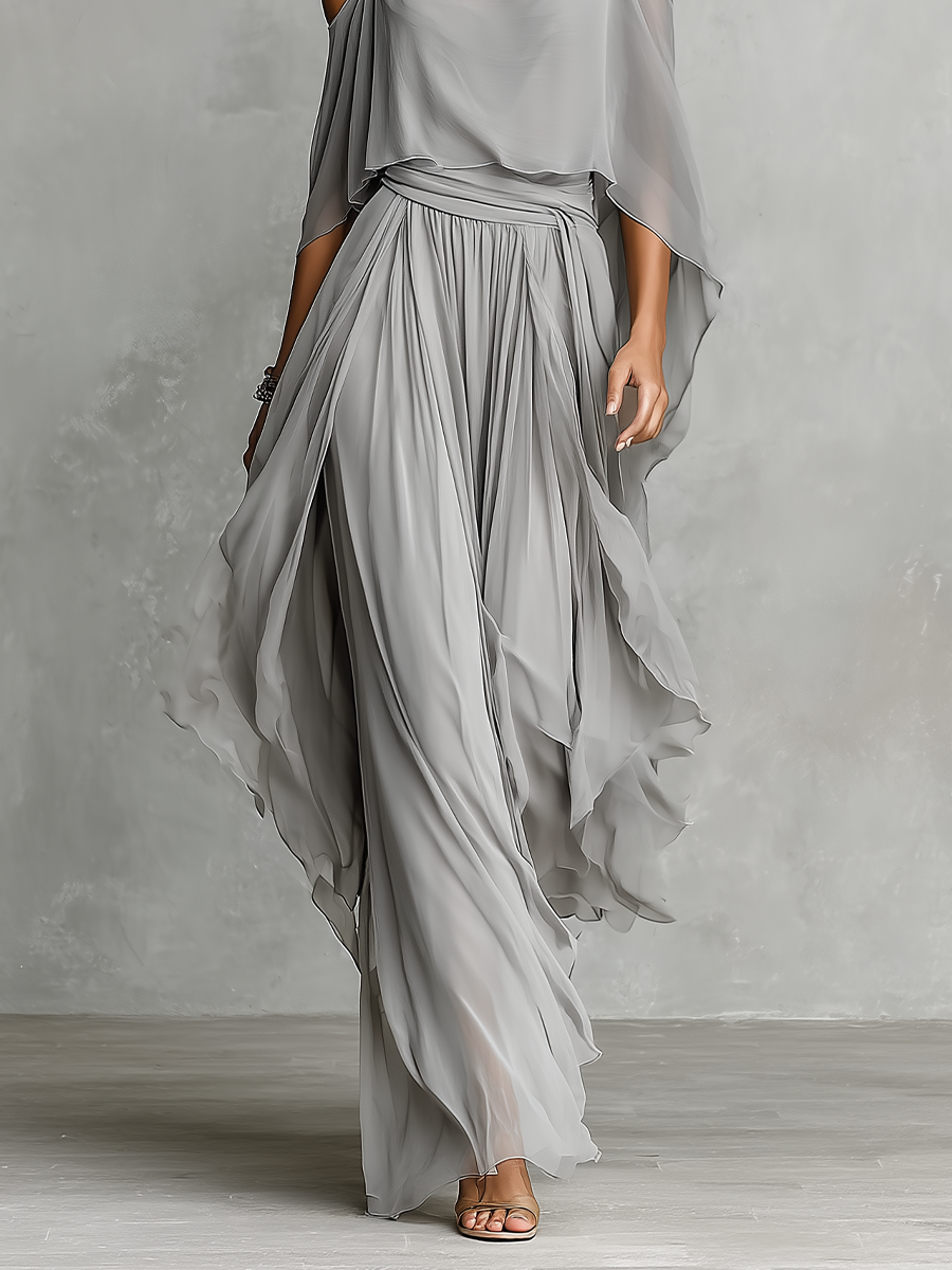Grijze Ademend Chiffon Set voor Vrouwen met Off-Shoulder Detail & Uitlopende Silhouet, Luxe-Vrouwelijke Hedendaagse Stijl