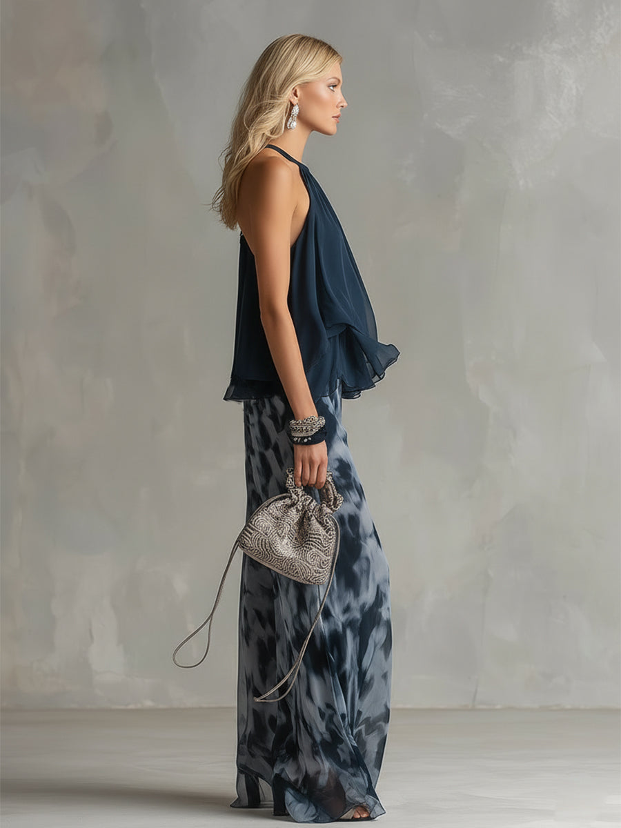 Ludovica - elegante in chiffon met hoge hals en wijde geprinte broek