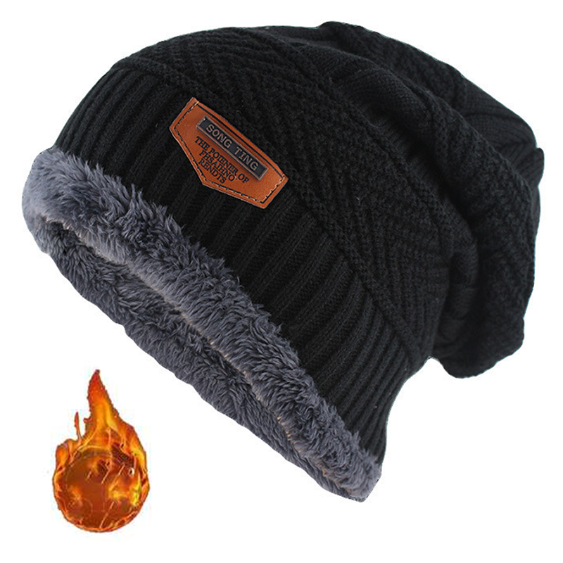 Leren gebreide muts voor mannen, winter, met label, slouchy stijl, gevoerd met dikke fleece