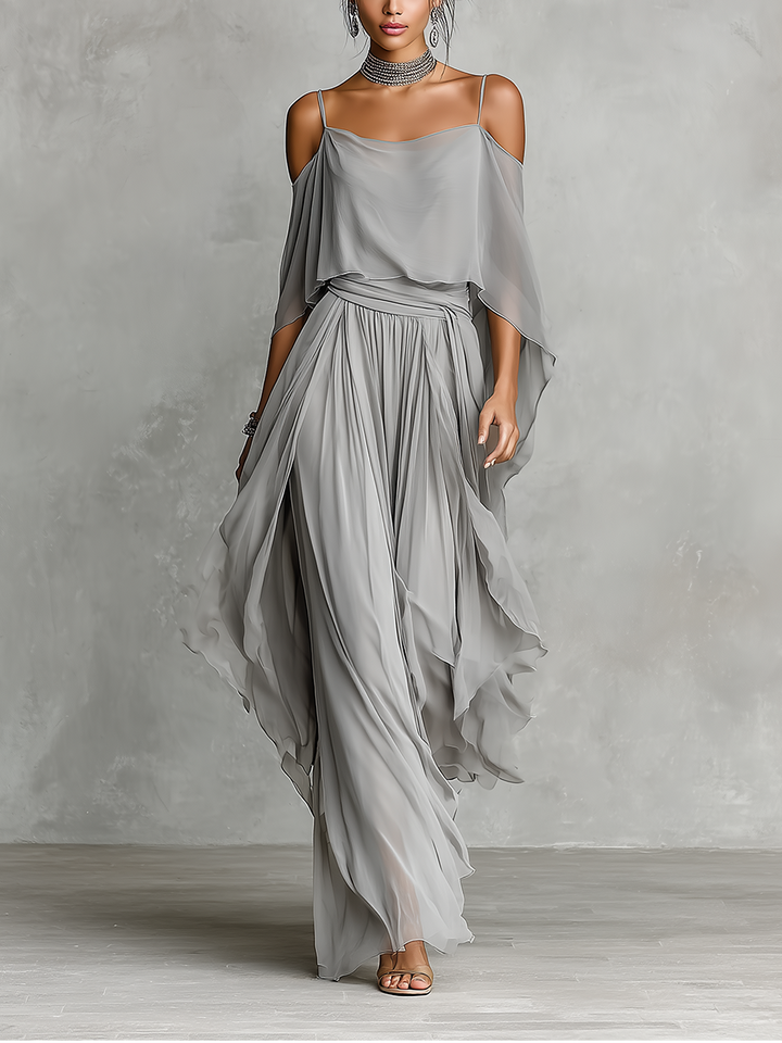 Grijze Ademend Chiffon Set voor Vrouwen met Off-Shoulder Detail & Uitlopende Silhouet, Luxe-Vrouwelijke Hedendaagse Stijl