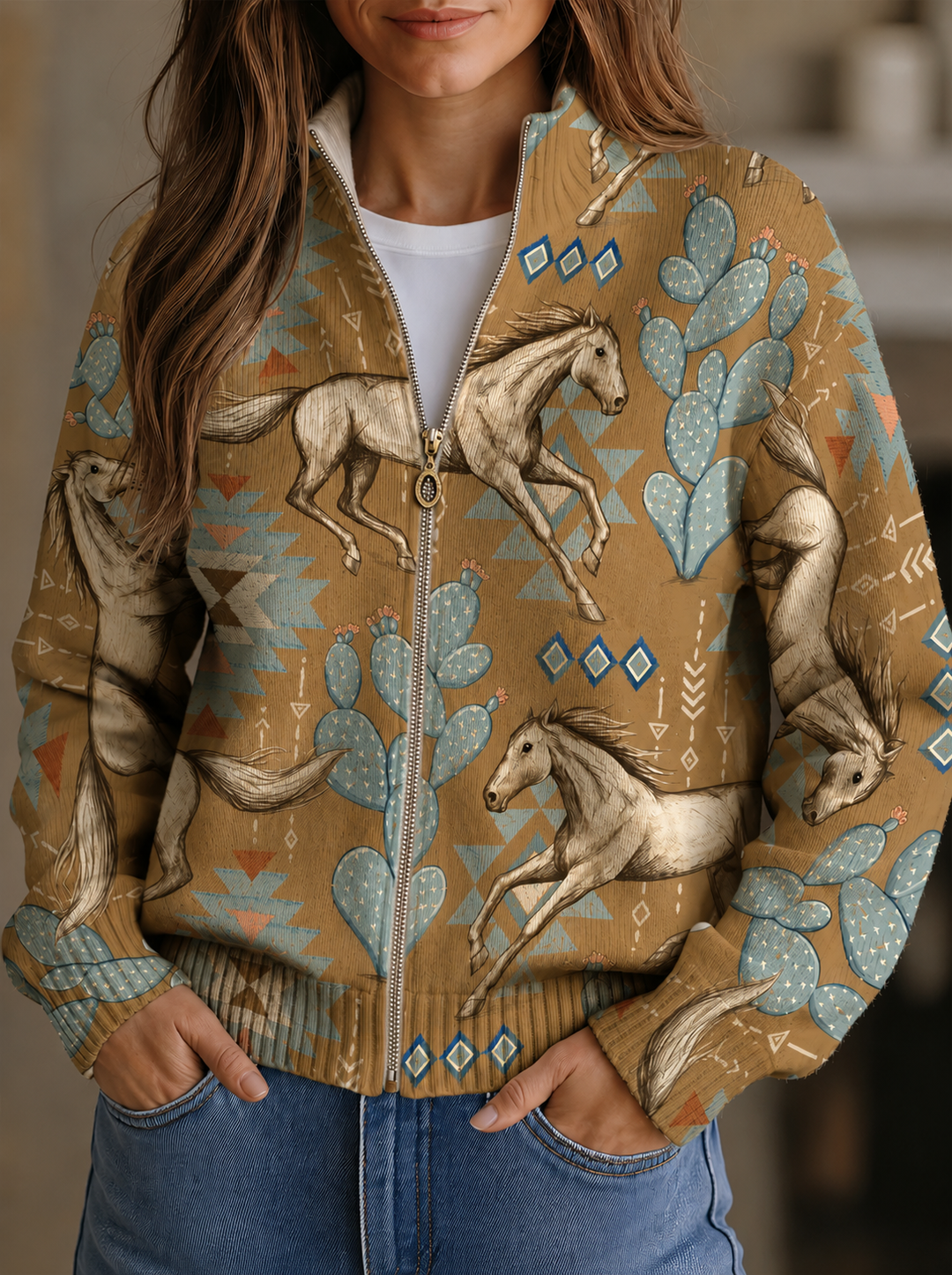 Chantal | Vest met rits in woestijnpaard en cactus