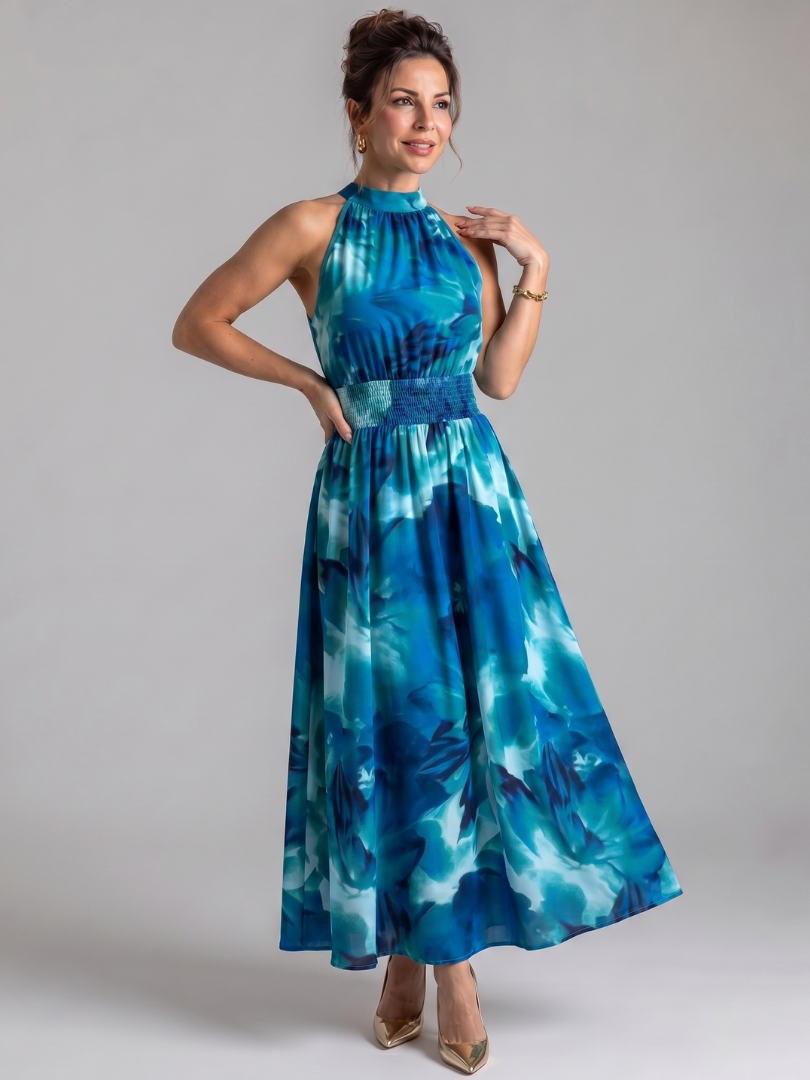 Olivia | Geplooide Taille Abstract Print Midi Jurk