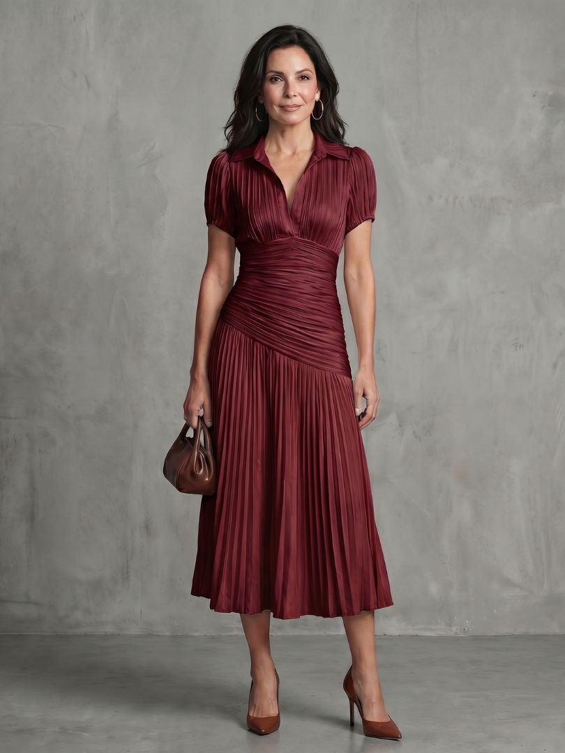 Theodora | Plissé Taille Stripe Midi Jurk