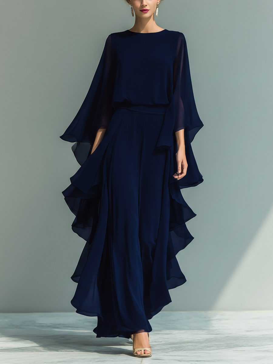 Dames Ensemble Top Chiffon Marineblauw Met Uitlopende Mouwen En Rechte Broek Met Rimpeldetails